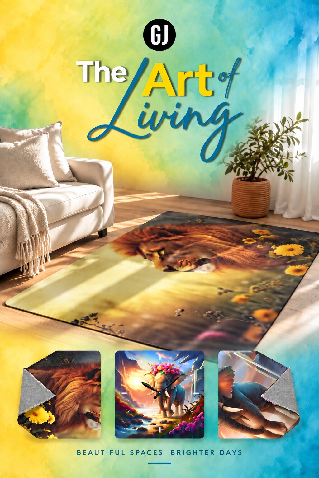 Vertical home decor banner with a lion area rug in a bright living room, watercolor teal-and-yellow background, GJ logo, “The Art of Living” headline, and three featured rug and clock designs.
