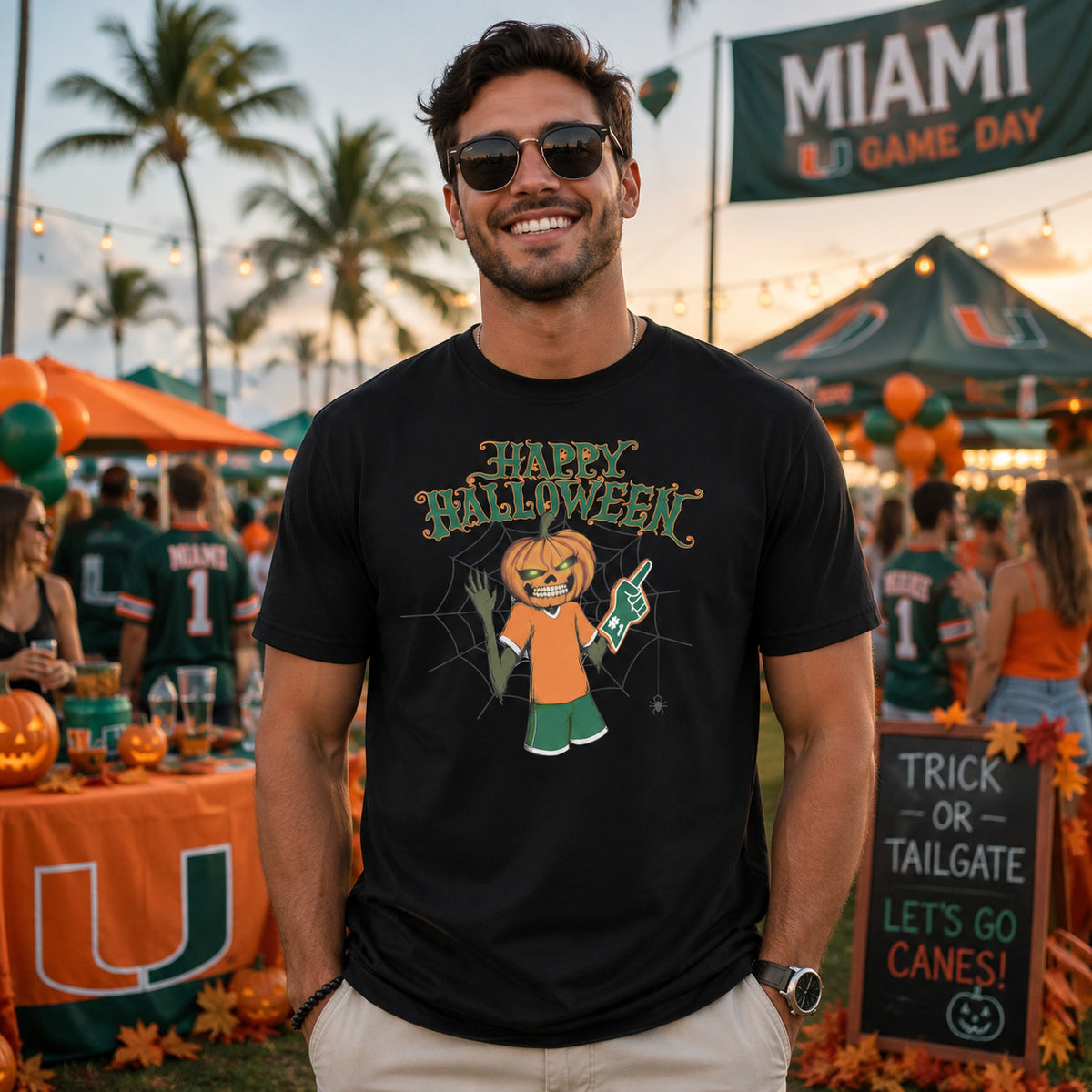 Model wearing a black Happy Halloween Canes game day T-shirt with an orange-and-green pumpkin-head fan graphic at a festive Miami tailgate with palm trees, pumpkins, string lights, and Hurricanes-inspired game day decor.