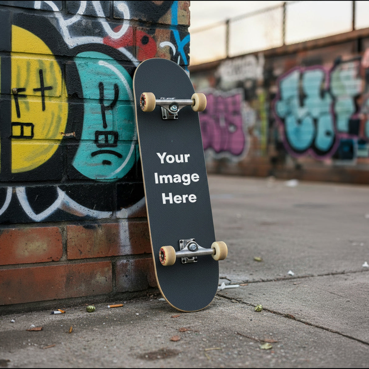 Personalized black skateboard with custom image area displayed beside a colorful graffiti wall