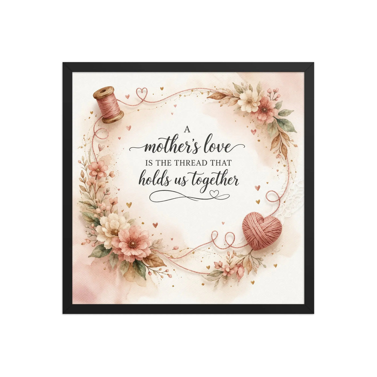 A Mother’s Love Is the Thread That Holds Us Together black framed poster with soft floral accents, heart-shaped yarn detail, and elegant watercolor design