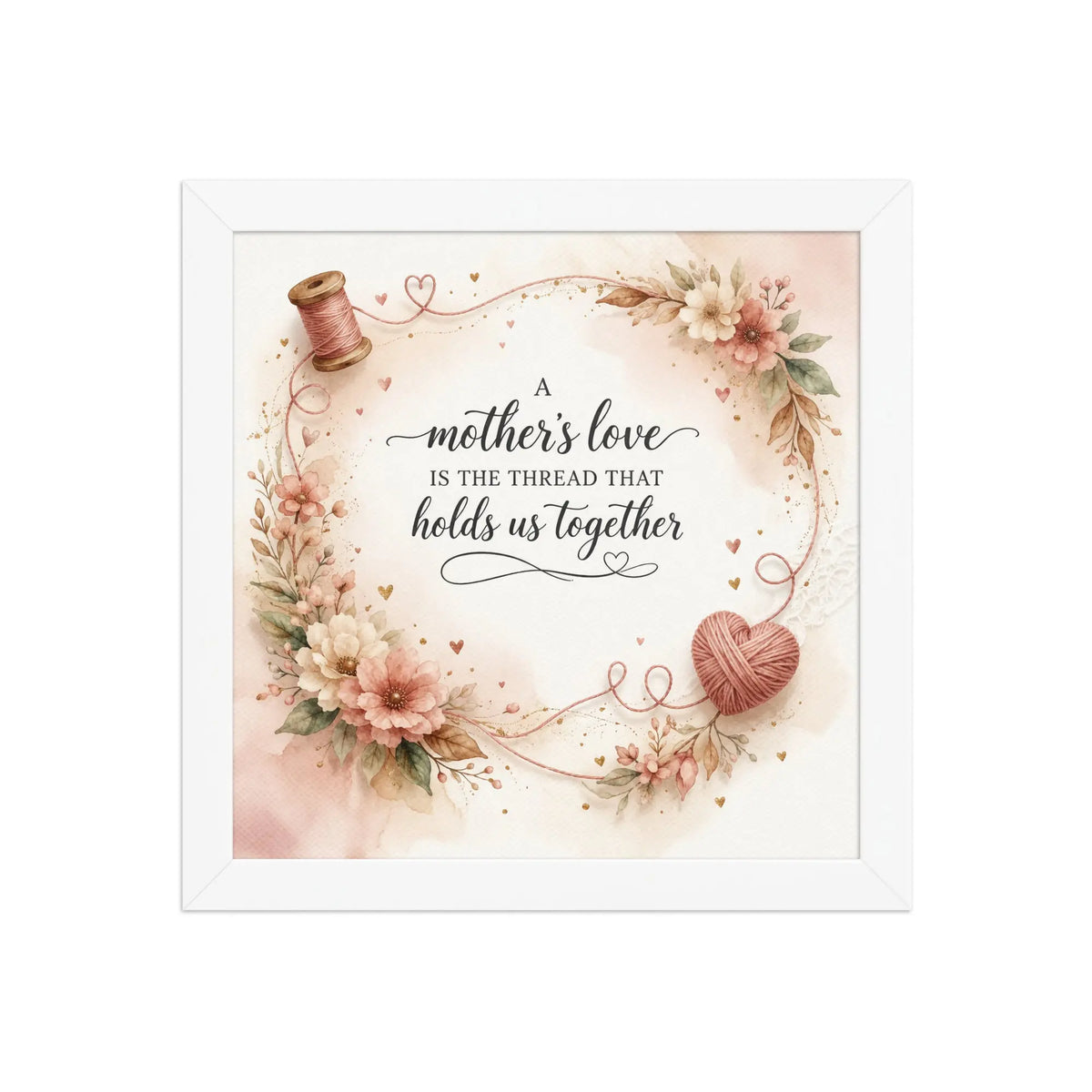 A Mother’s Love Is the Thread That Holds Us Together white framed poster with soft floral accents, heart-shaped yarn detail, and elegant watercolor design