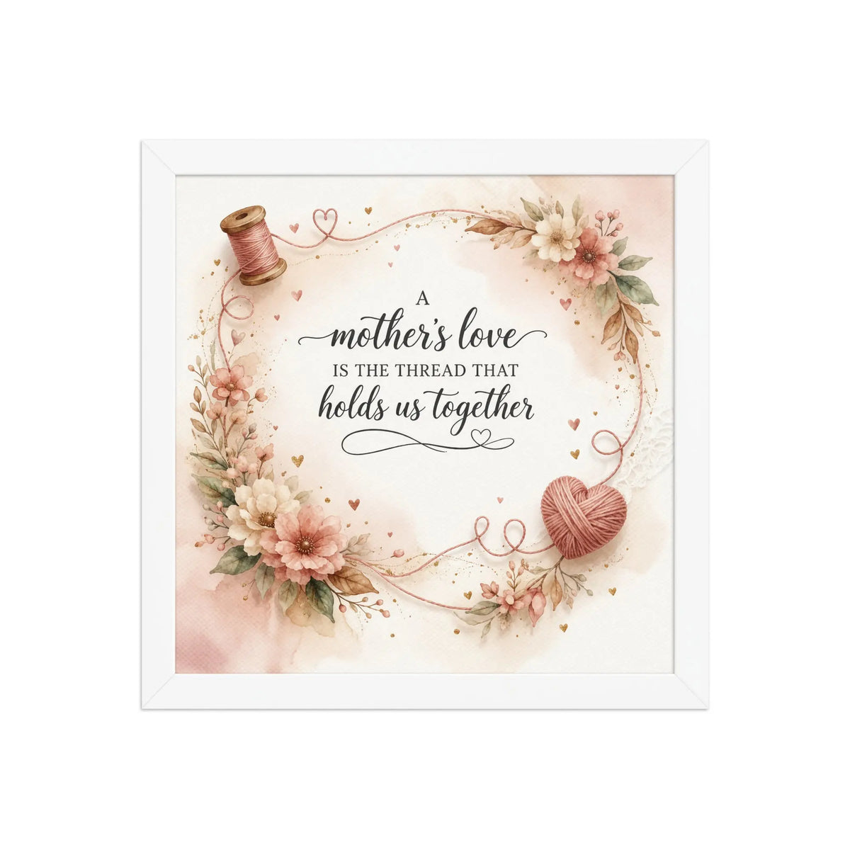 A Mother’s Love Is the Thread That Holds Us Together white framed poster with soft floral accents, heart-shaped yarn detail, and elegant watercolor design