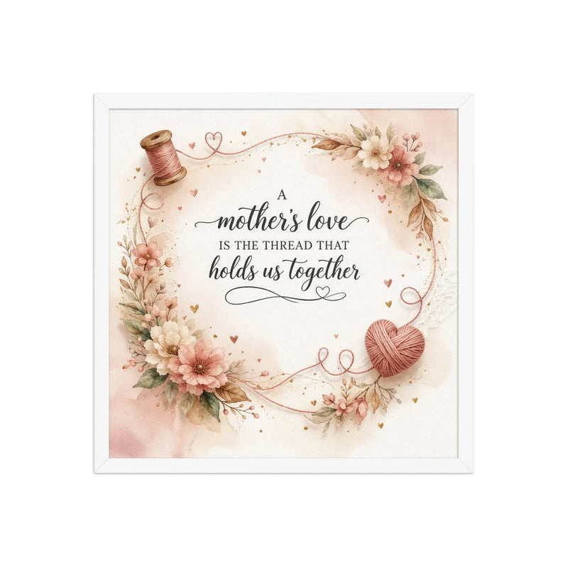 A Mother’s Love Is the Thread That Holds Us Together white framed poster with soft floral accents, heart-shaped yarn detail, and elegant watercolor design