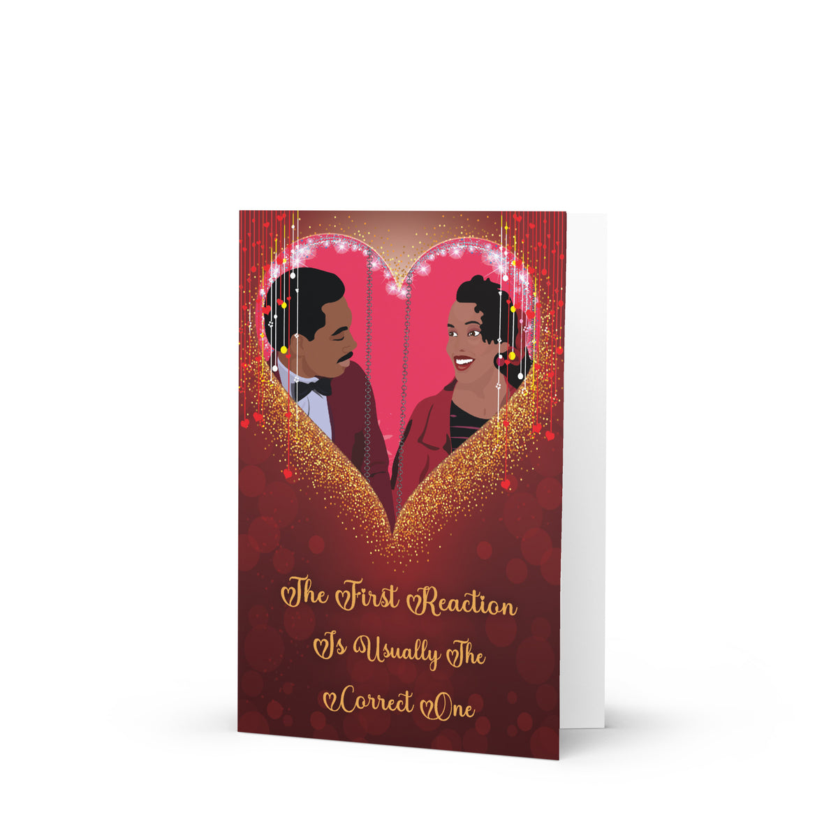 Prince Akeem and Lisa McDowell-inspired Valentine’s Day card with burgundy heart, gold sparkles, and romantic quote