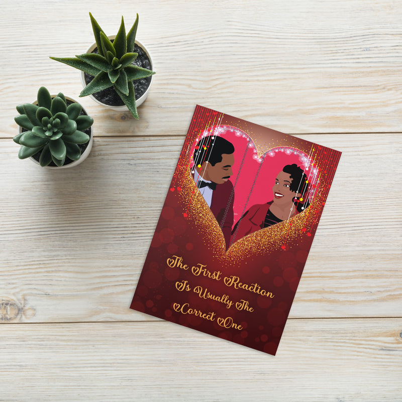 Prince Akeem and Lisa McDowell-inspired Valentine’s Day card with burgundy heart, gold sparkles, and romantic quote
