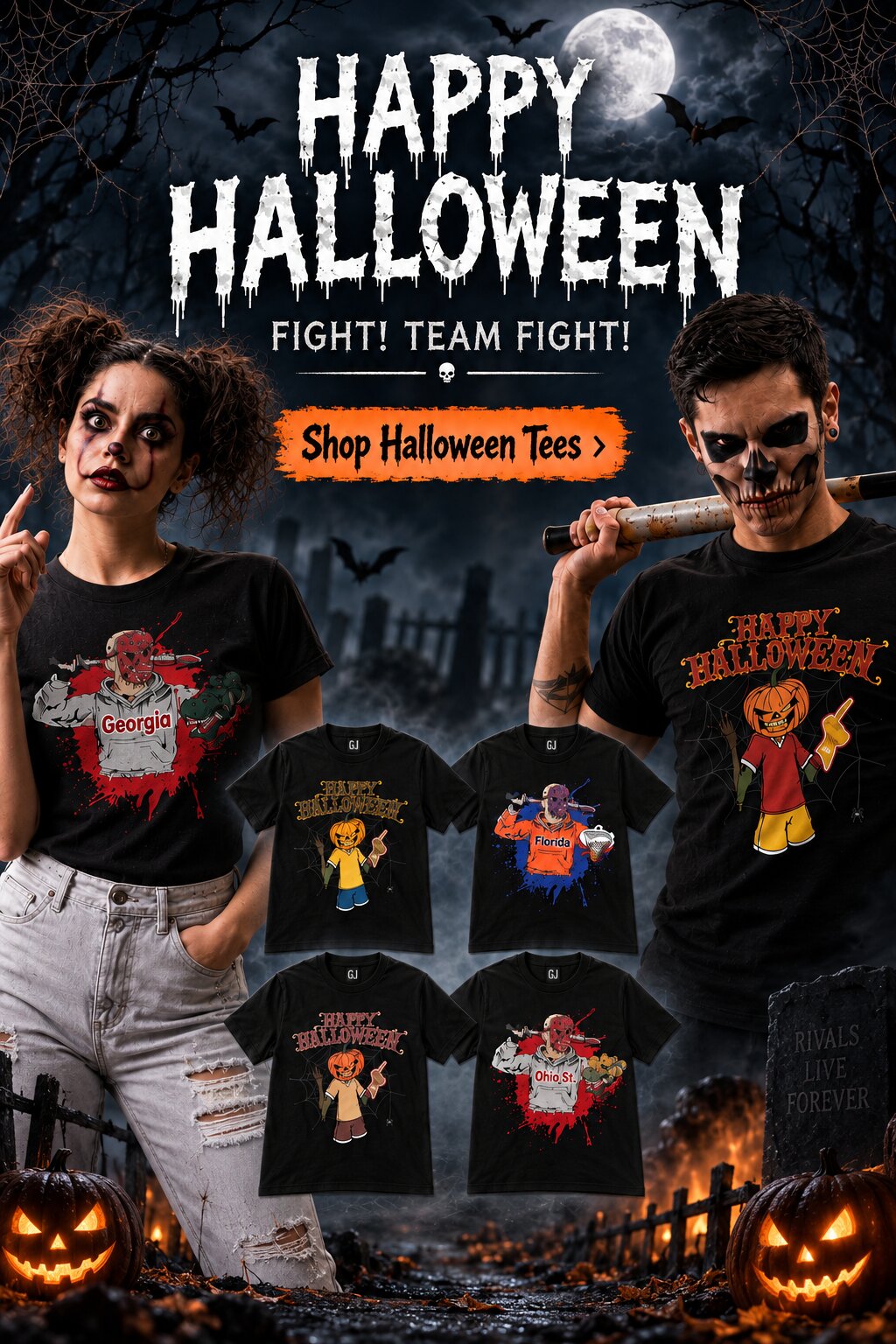 Vertical Halloween rivalry T-shirt banner featuring spooky game day models, four black graphic tees, bats, spider webs, foggy graveyard background, “Happy Halloween” headline, and “Shop Halloween Tees” CTA.