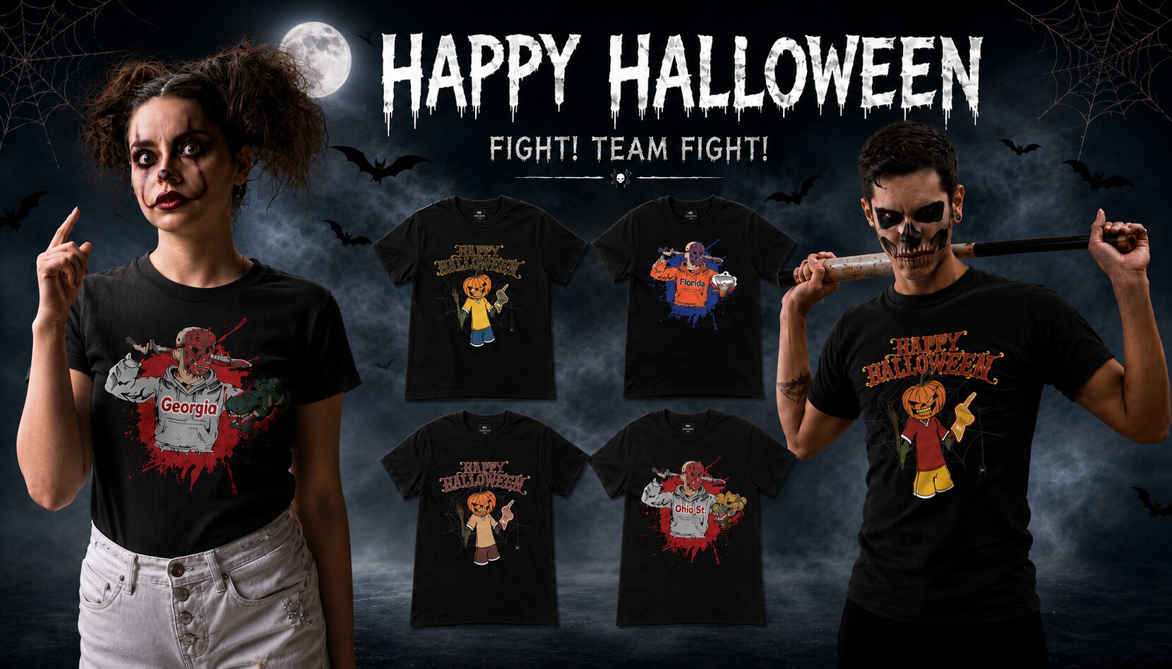 Landscape Halloween rivalry T-shirt banner featuring spooky game day models, four black graphic tees, bats, spider webs, foggy graveyard background, “Happy Halloween” headline, and “Shop Halloween Tees” CTA.