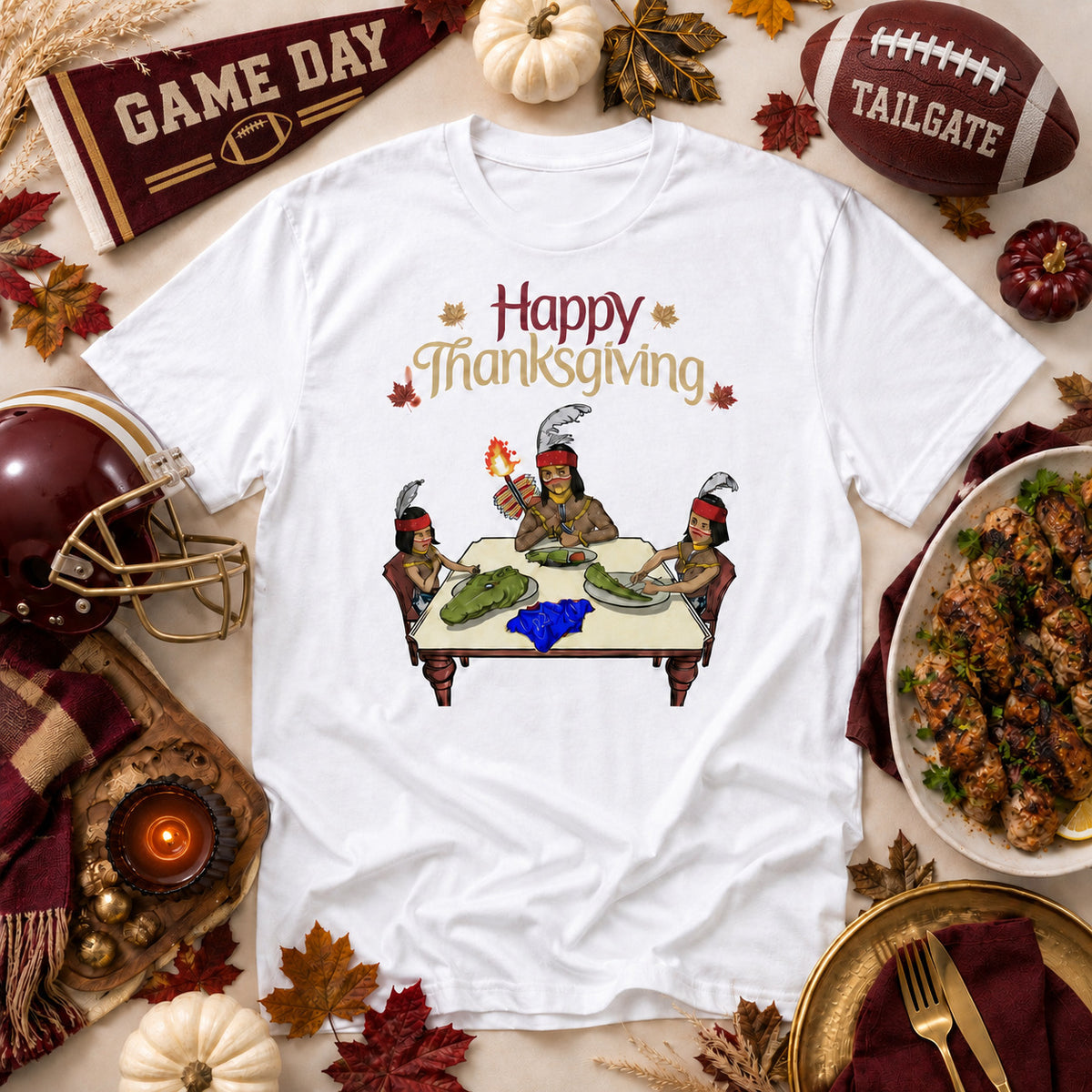 White Seminoles Thanksgiving rivalry T-shirt laid flat with a Happy Thanksgiving feast graphic, surrounded by garnet-and-gold FSU decor, football gear, pumpkins, fall leaves, Thanksgiving table accents, and a plate of gator tail
