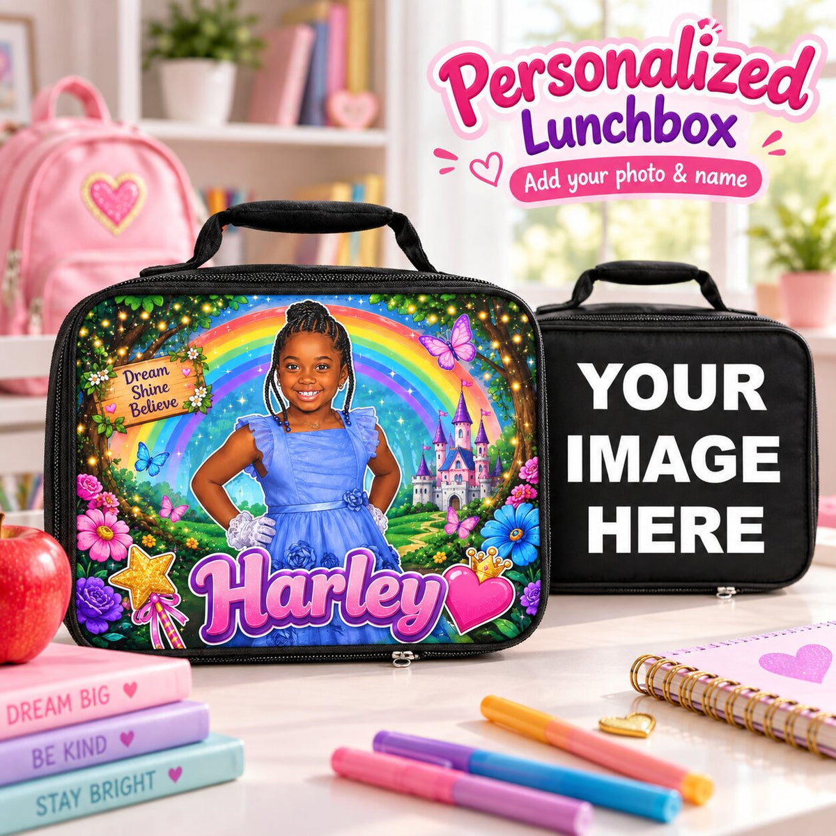 Personalized kids lunchbox mockup featuring a custom child photo, enchanted rainbow and castle background, the name “Harley,” and a second lunchbox labeled “Your Image Here” to show photo and name customization.