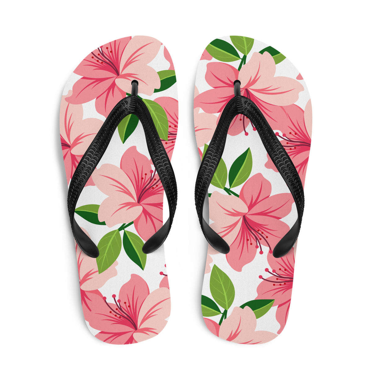 Pink floral print flip-flops with black straps and tropical flower design