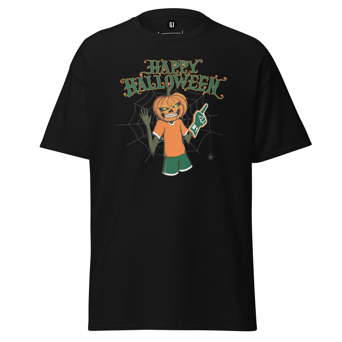Black Hurricane-inspired Halloween T-shirt featuring a pumpkin-headed football fan with green and orange game-day accents and Happy Halloween text