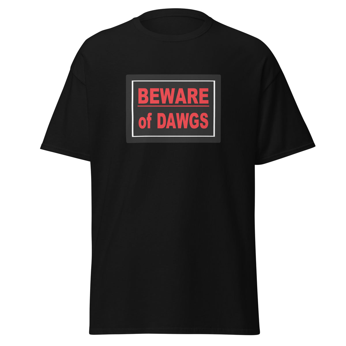 Black t-shirt with a graphic design on the chest against a white background
