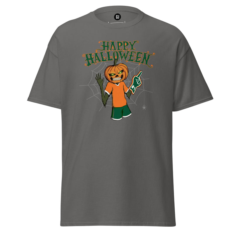 Charcoal Hurricane-inspired Halloween T-shirt featuring a pumpkin-headed football fan with green and orange game-day accents and Happy Halloween text