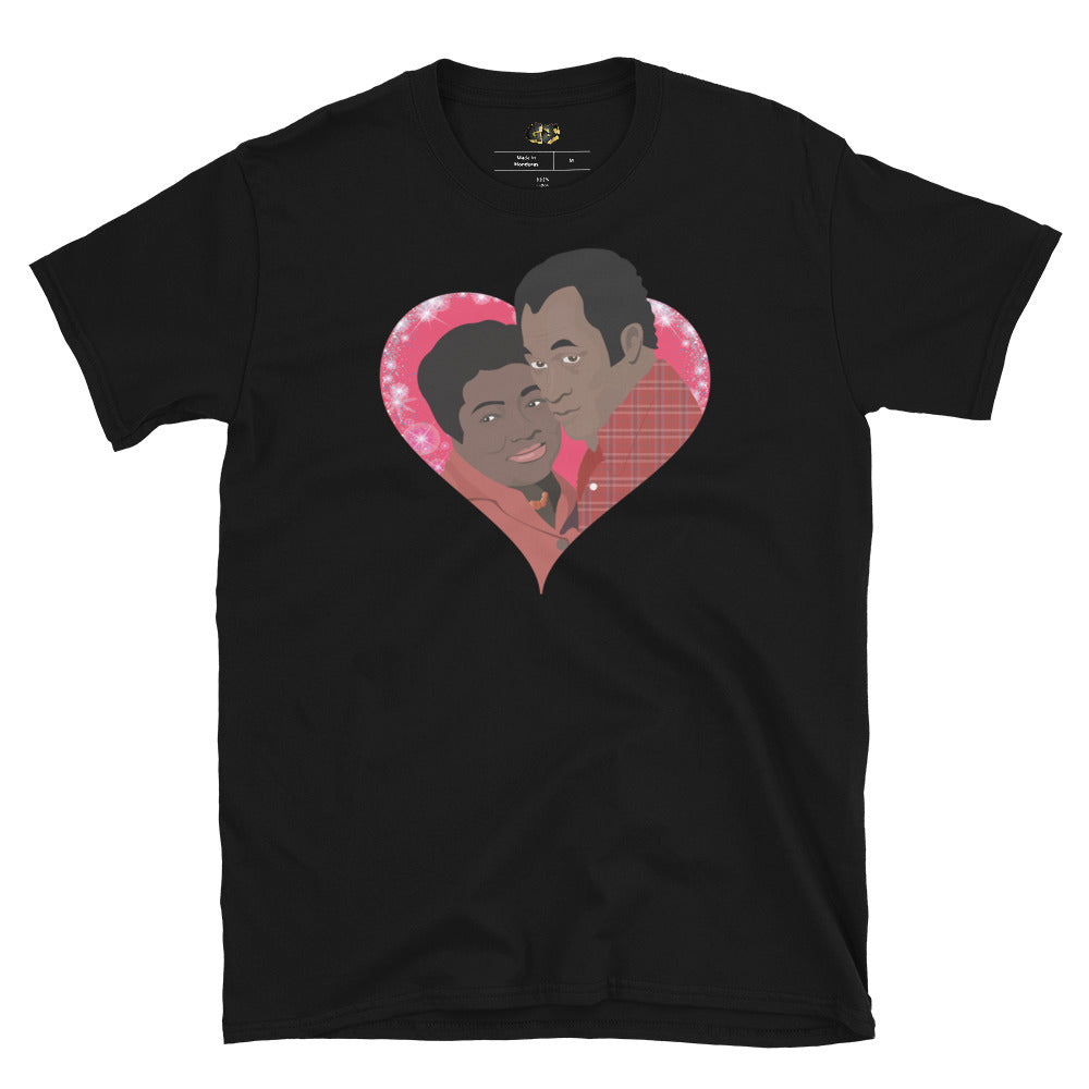 "Good Times Love" t-shirt, featuring a vibrant pop art illustration of James and Florida Evans from the beloved show *Good Times*