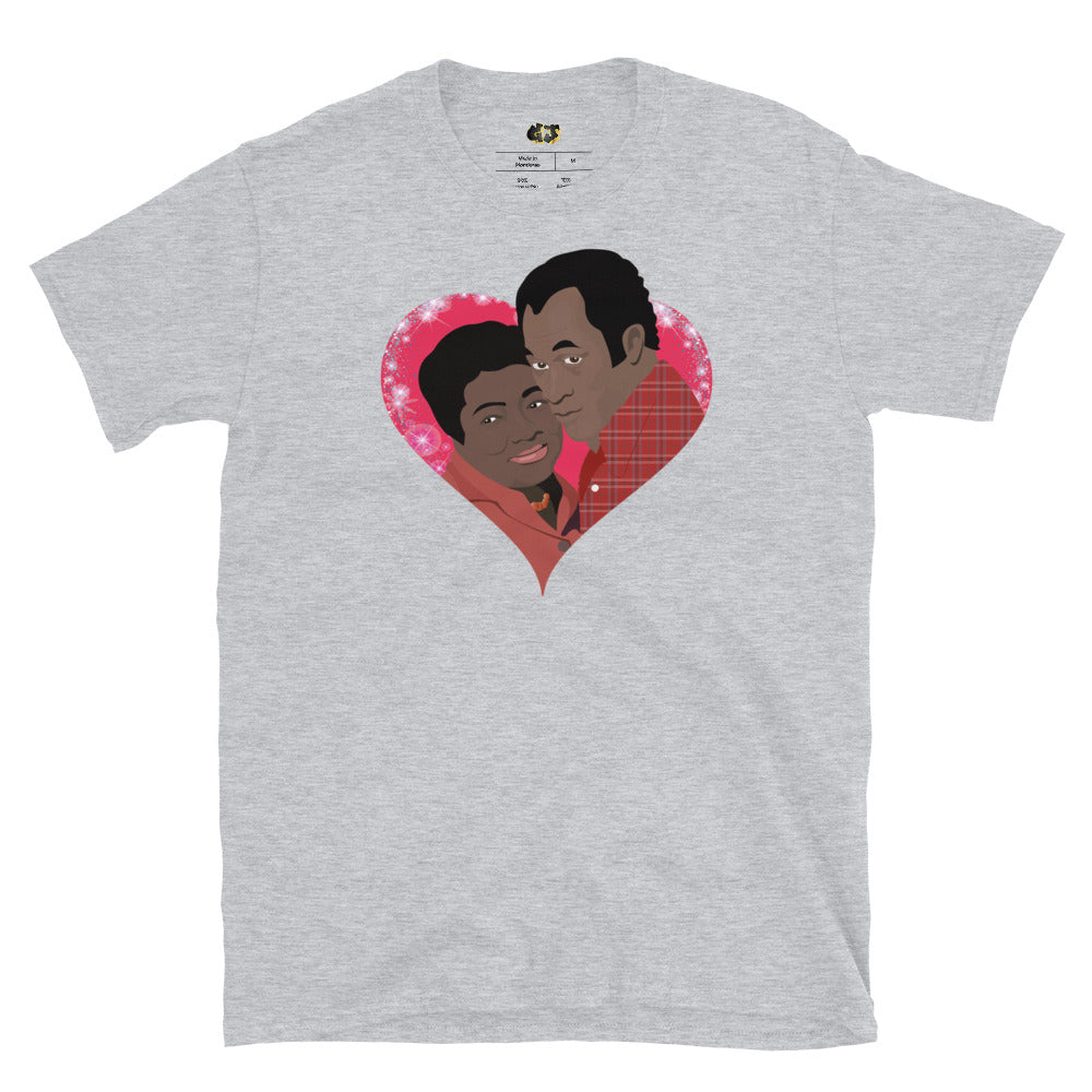 "Good Times Love" t-shirt, featuring a vibrant pop art illustration of James and Florida Evans from the beloved show *Good Times*