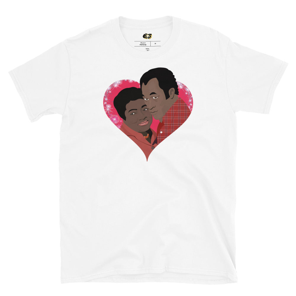 "Good Times Love" t-shirt, featuring a vibrant pop art illustration of James and Florida Evans from the beloved show *Good Times*