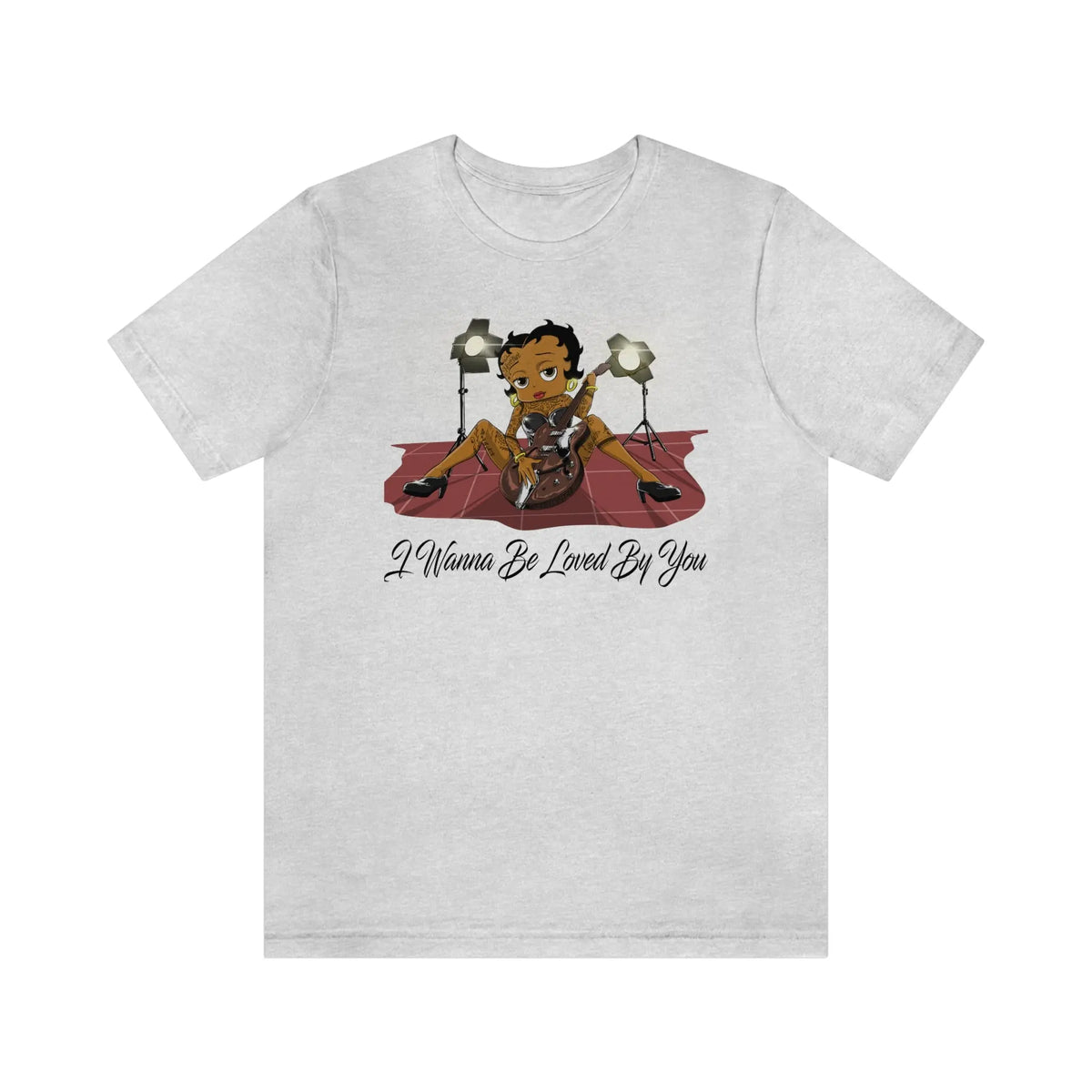 Ash Betty Boop graphic T-shirt featuring her playing an electric guitar under stage lights with I Wanna Be Loved By You text