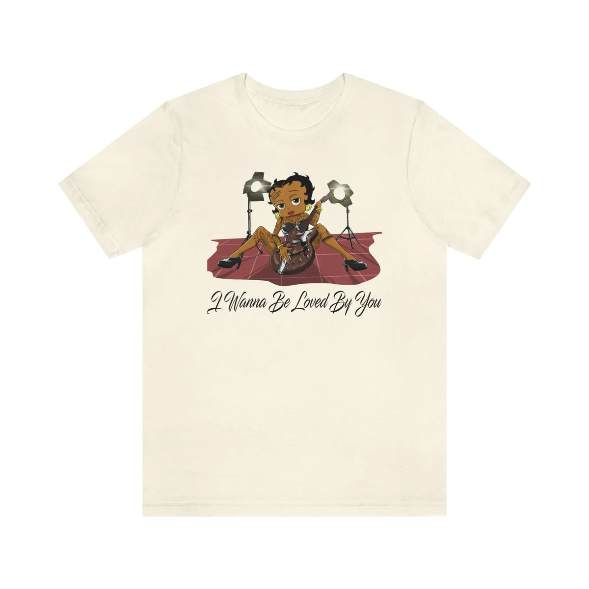 Natural Betty Boop graphic T-shirt featuring her playing an electric guitar under stage lights with I Wanna Be Loved By You text