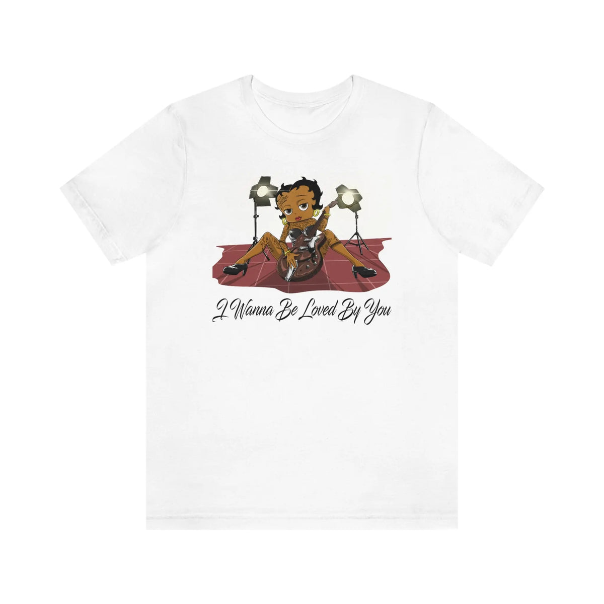 White Betty Boop graphic T-shirt featuring her playing an electric guitar under stage lights with I Wanna Be Loved By You text