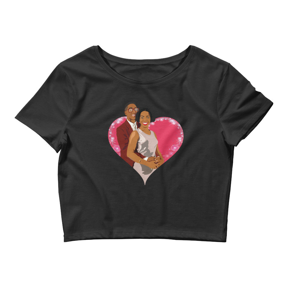 Embrace your love with a nostalgic twist in our "Urkel & Winslow Forever" cropped t-shirt, featuring a vibrant pop art illustration of Steve Urkel and Laura Winslow from the classic TV show *Family Matters*.