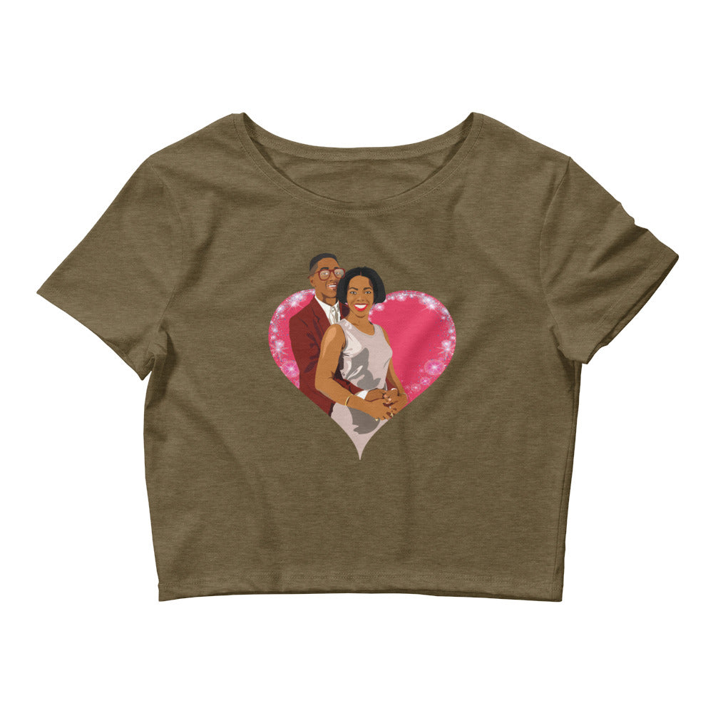 Embrace your love with a nostalgic twist in our "Urkel & Winslow Forever" cropped t-shirt, featuring a vibrant pop art illustration of Steve Urkel and Laura Winslow from the classic TV show *Family Matters*.