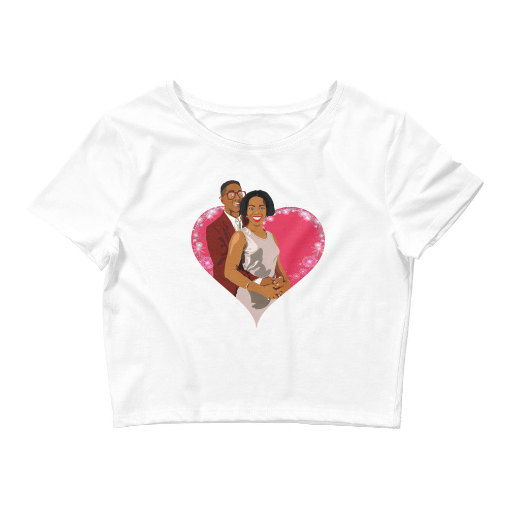 Embrace your love with a nostalgic twist in our "Urkel & Winslow Forever" cropped t-shirt, featuring a vibrant pop art illustration of Steve Urkel and Laura Winslow from the classic TV show *Family Matters*.