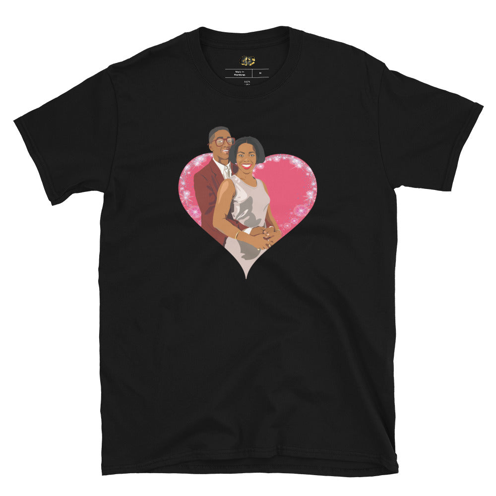 Embrace your love with a nostalgic twist in our "Urkel &amp; Winslow Forever" t-shirt, featuring a vibrant pop art illustration of Steve Urkel and Laura Winslow from the classic TV show *Family Matters*.