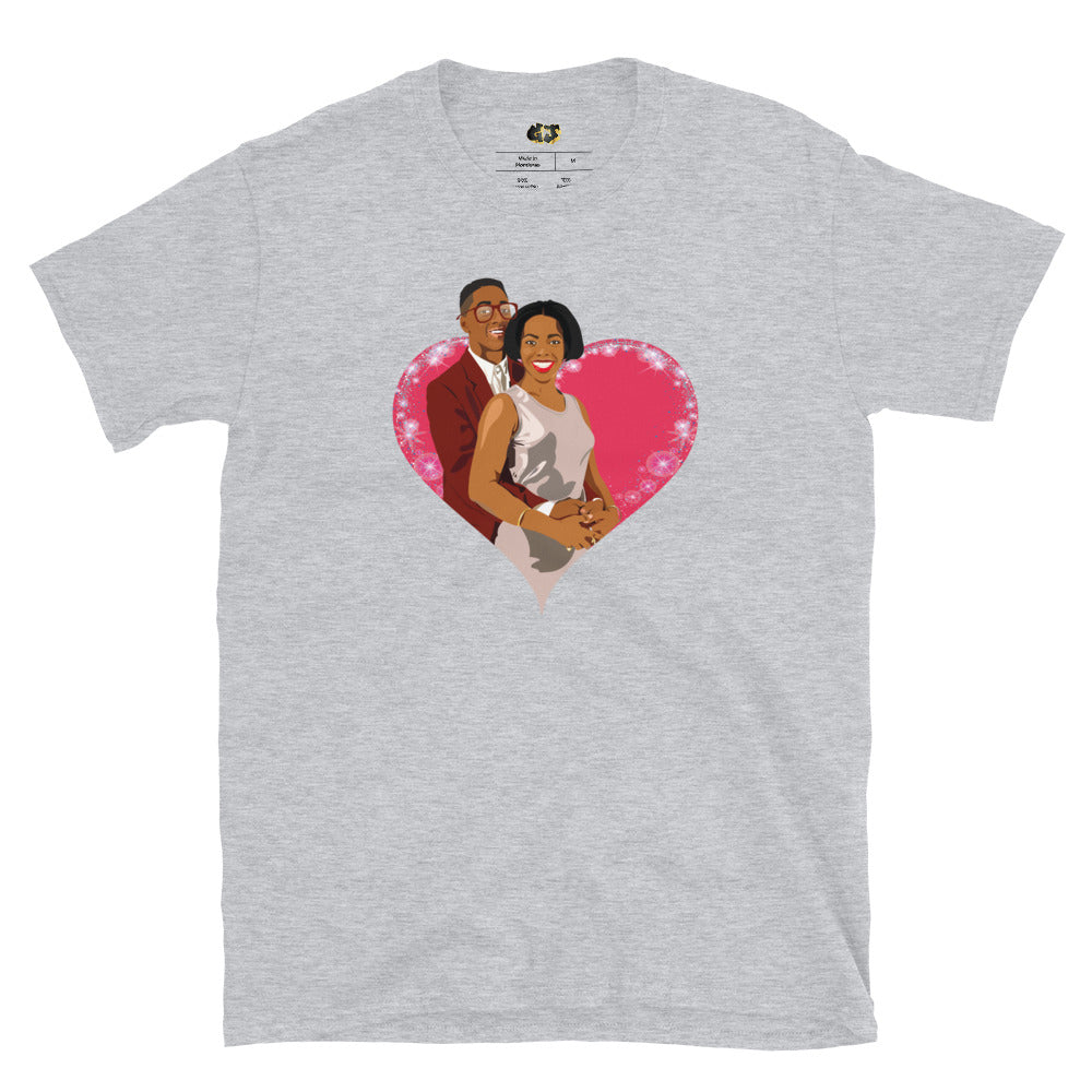 Embrace your love with a nostalgic twist in our "Urkel &amp; Winslow Forever" t-shirt, featuring a vibrant pop art illustration of Steve Urkel and Laura Winslow from the classic TV show *Family Matters*.