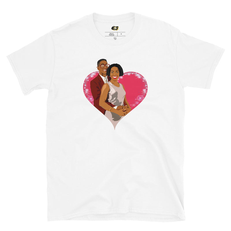 Embrace your love with a nostalgic twist in our "Urkel &amp; Winslow Forever" t-shirt, featuring a vibrant pop art illustration of Steve Urkel and Laura Winslow from the classic TV show *Family Matters*.