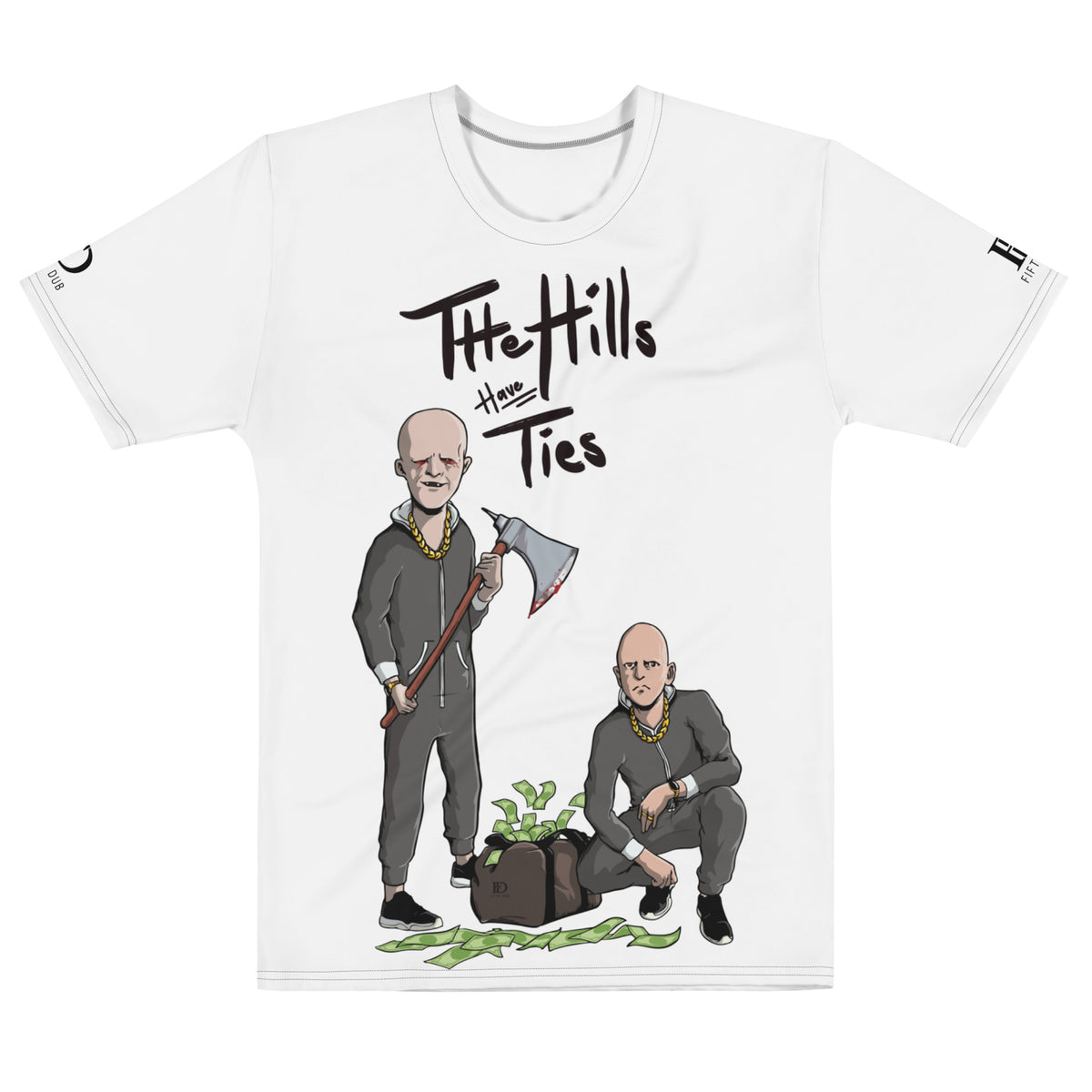 The Hills Have Ties Graphic T-shirt. Bold and a contemporary twist from the classic horror film “The Hills Have Eyes,” The chilling figures are a blend of horror and bling. Depicted wielding a bloody ax, while sporting flashy gold chains, a juxtaposition of violence and opulence. Clutching a duffle bad full of cash wearing a pair of Jordans, integrating iconic sneaker culture into the eerie Halloween narrative.