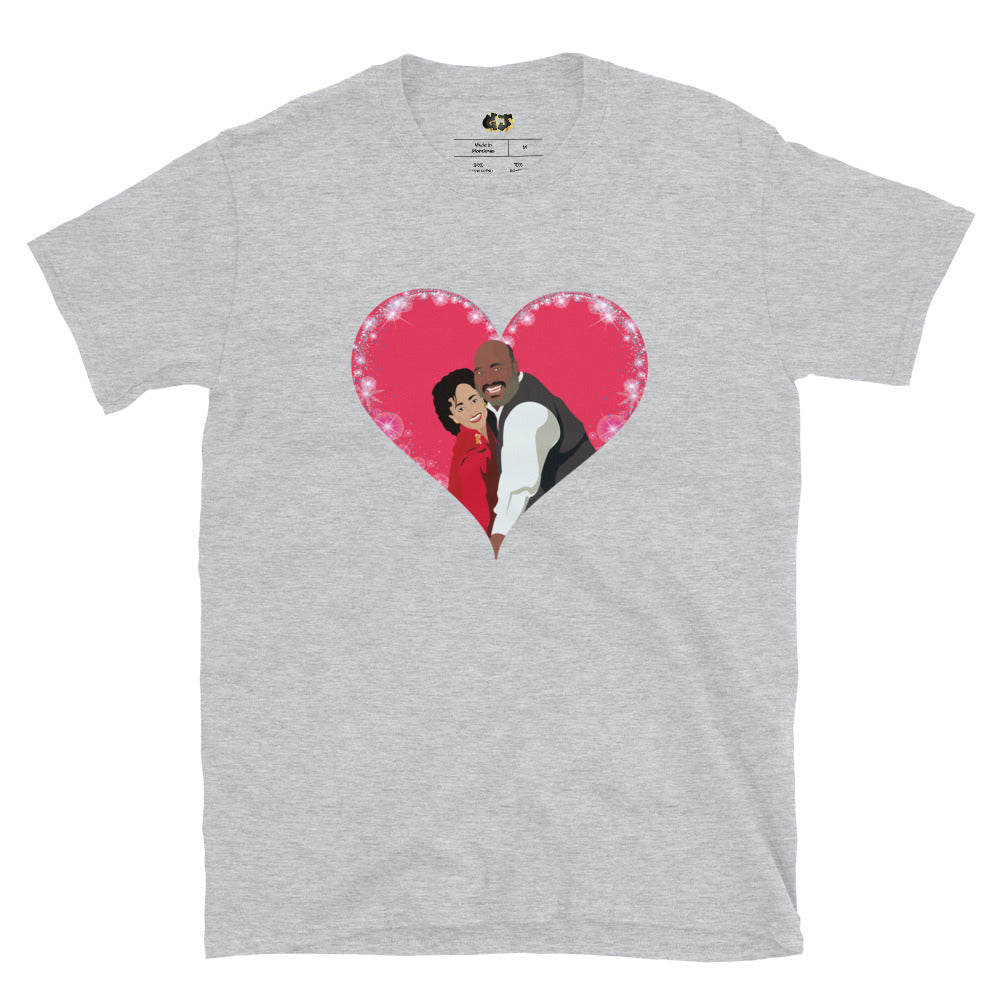  "Bel-Air Romance" Grey T-shirt, featuring a vibrant pop art illustration of Uncle Phil and Aunt Vivian from the iconic TV show *The Fresh Prince of Bel-Air*. 