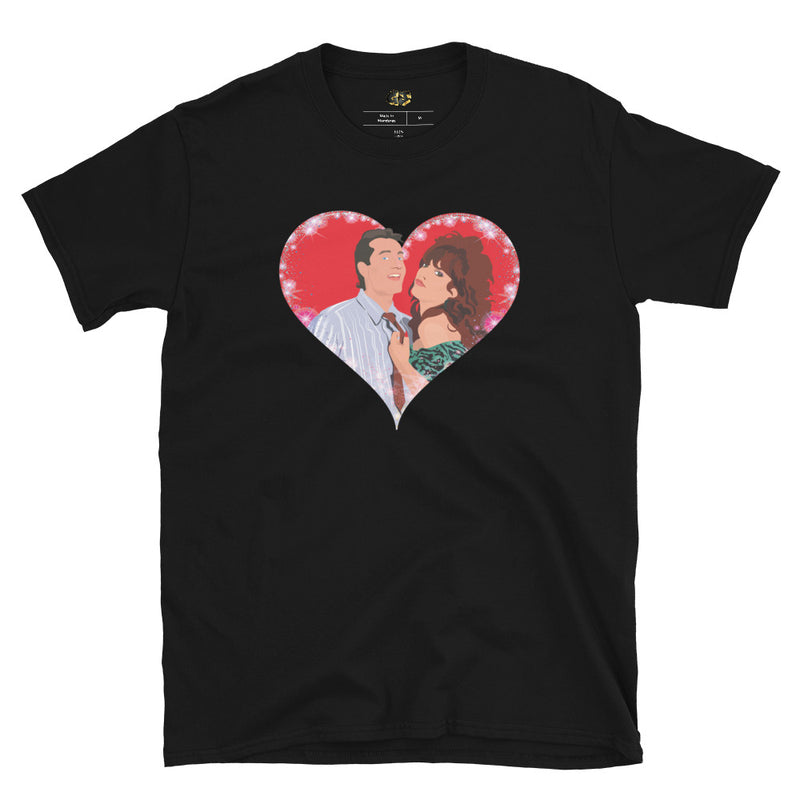 A playful pop art illustration of Al and Peggy Bundy from the classic TV show Married With Children. The shirt has the iconic couple wrapped in a warm embrace inside a shimmering heart, perfectly capturing their unique blend of humor and affection.