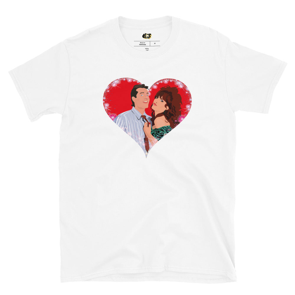 A playful pop art illustration of Al and Peggy Bundy from the classic TV show Married With Children. The shirt has the iconic couple wrapped in a warm embrace inside a shimmering heart, perfectly capturing their unique blend of humor and affection.